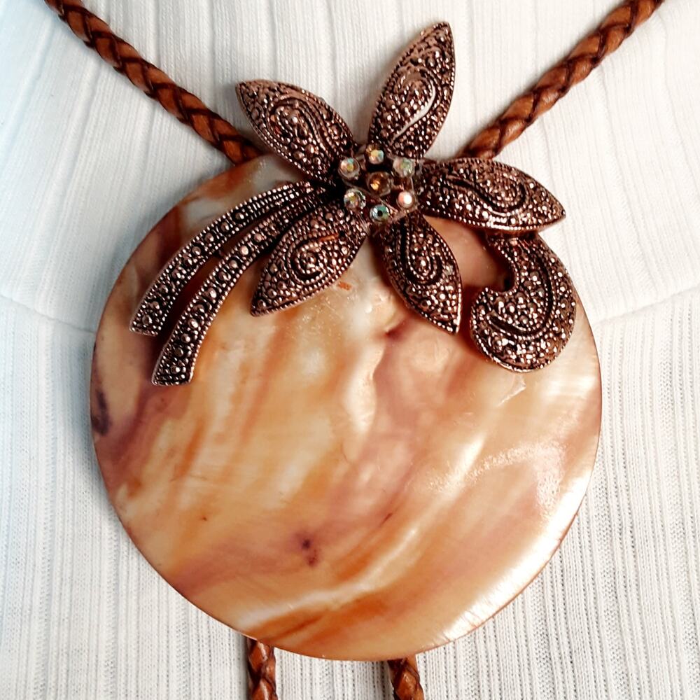 Handmade Bolo Tie Pearlescent Shell Disc Copper Tone Floral Ribbon Leather Cord
